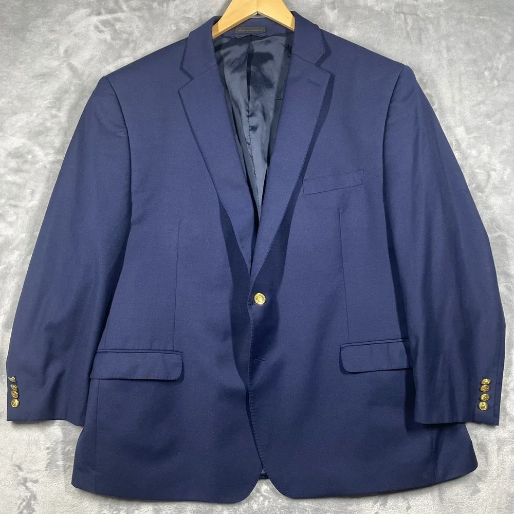 Lauren Ralph Lauren Mens Navy Blue Wool Blend Coolmax Blazer Gold Buttons 48R